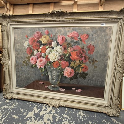 Lot 1498 - A large floral still life oil on canvas.
