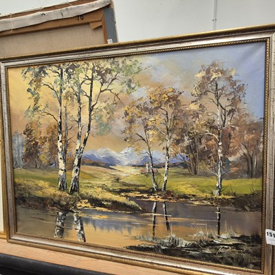 Lot 1518 - A large oil painting riverside birch trees