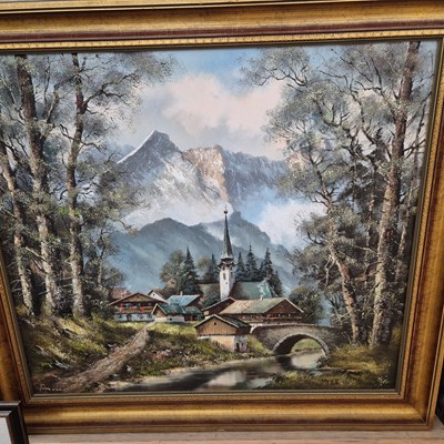 Lot 1527 - A large oil on canvas, alpine town.
