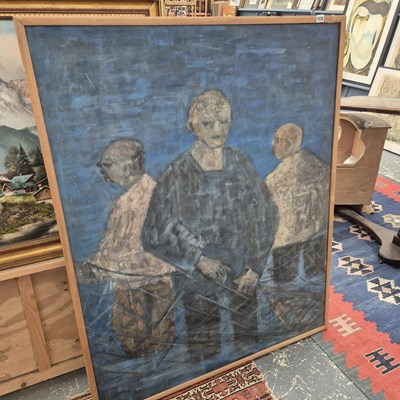 Lot 1530 - A large oil on canvas, three wading fishermen.