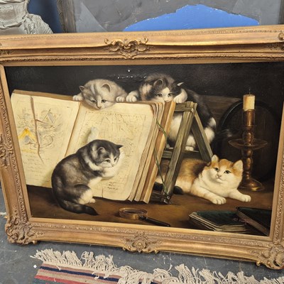 Lot 1552 - A very large oil on canvas- kittens playing.