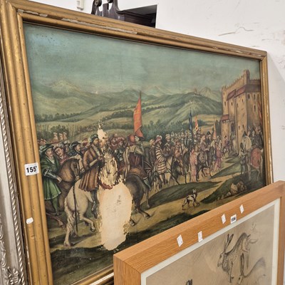 Lot 1557 - A medieval battle scene. oil on canvas.