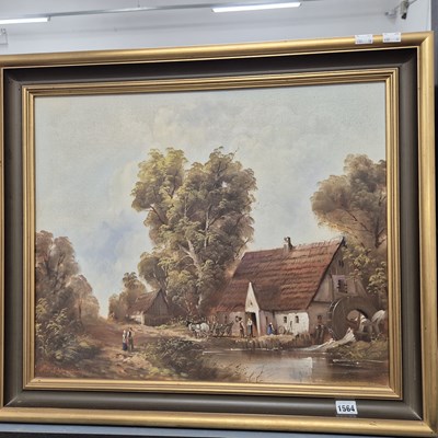 Lot 1564 - A large oil on canvas, rural riverside cottage...