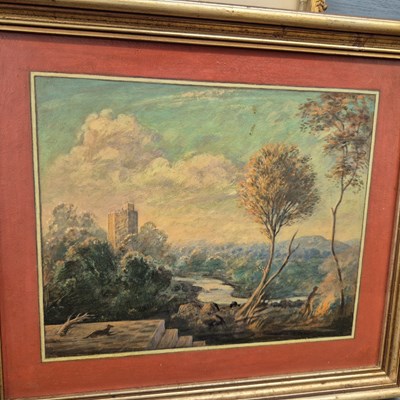 Lot 1568 - A small oil painting of a distant castle, a...