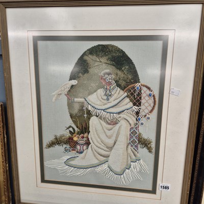 Lot 1585 - An embroidered picture with beadwork.
