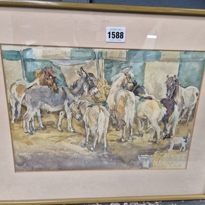 Lot 1588 - E. Dick. Ponies in a stable, watercolour....