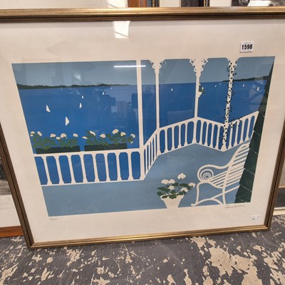 Lot 1598 - A colour screen print of a balcony view,...