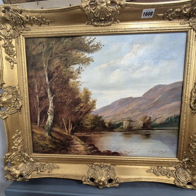 Lot 1608 - An oil on canvas, lakeside castle ruins,...