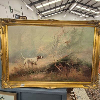 Lot 1617 - Oil on canvas, sporting dog and game, signed...