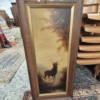 Lot 1621 - A large oil on canvas, a stag on a hillside.