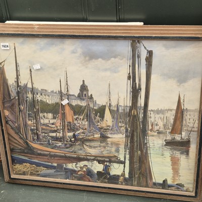 Lot 1624 - A large decorative print of a coastal port.