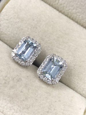 Lot 540c - A pair of emerald-cut aquamarine and diamond...