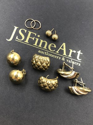 Lot 616 - Five pairs of 9ct gold earrings, some with...