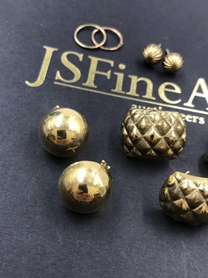 Lot 616 - Five pairs of 9ct gold earrings, some with...