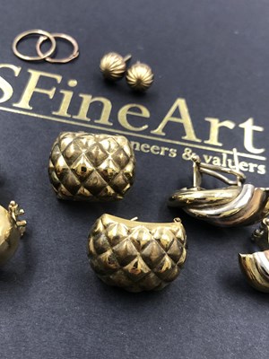 Lot 616 - Five pairs of 9ct gold earrings, some with...