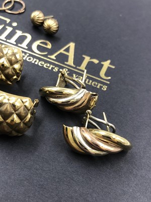 Lot 616 - Five pairs of 9ct gold earrings, some with...
