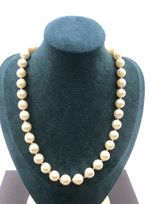 Lot 632 - A row of cultured pearls with a ball clasp,...