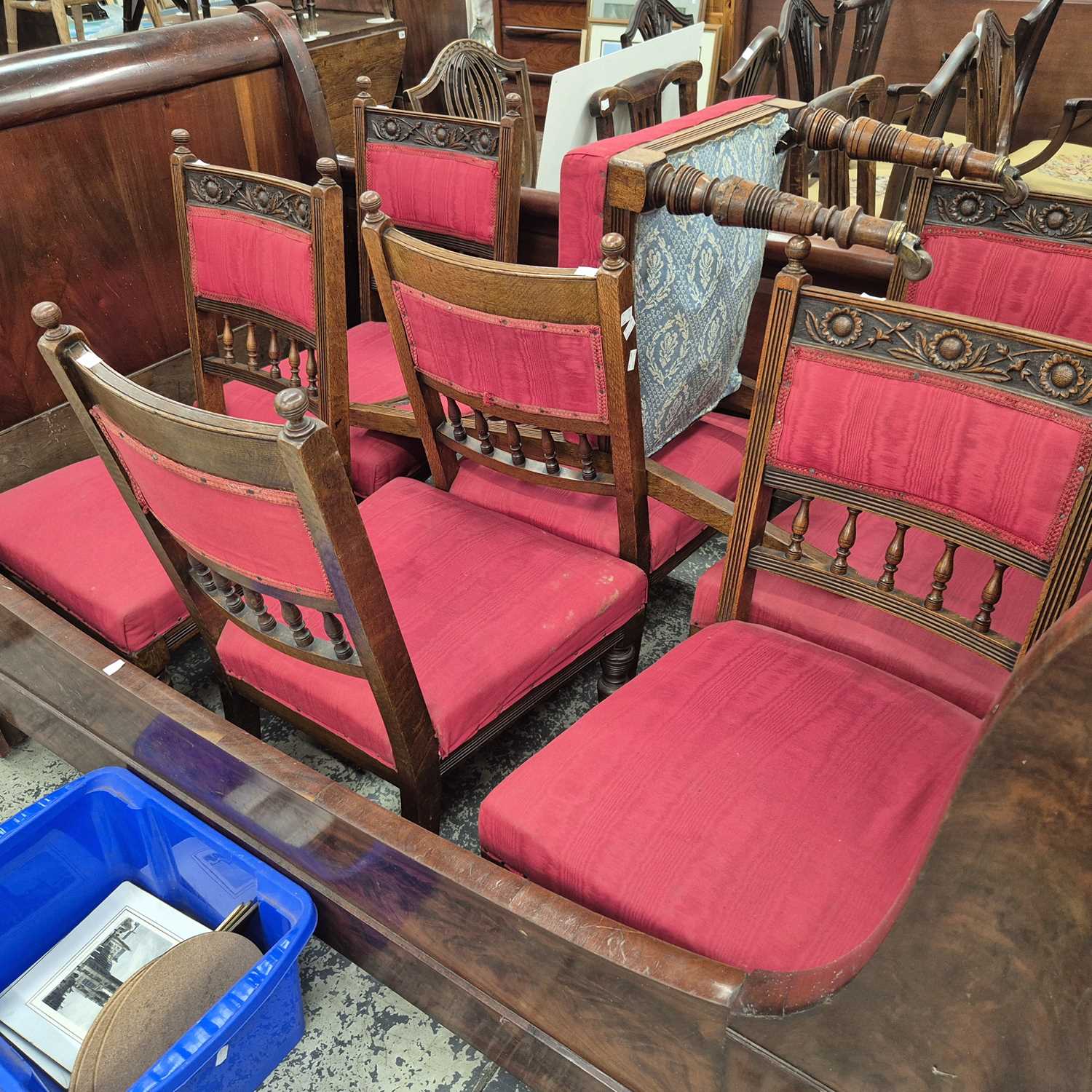 Lot 168 - A set of seven Victorian oak dining chairs.