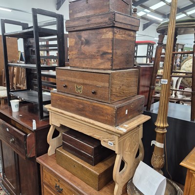 Lot 256 - A pine stool and various cutlery and other boxes.