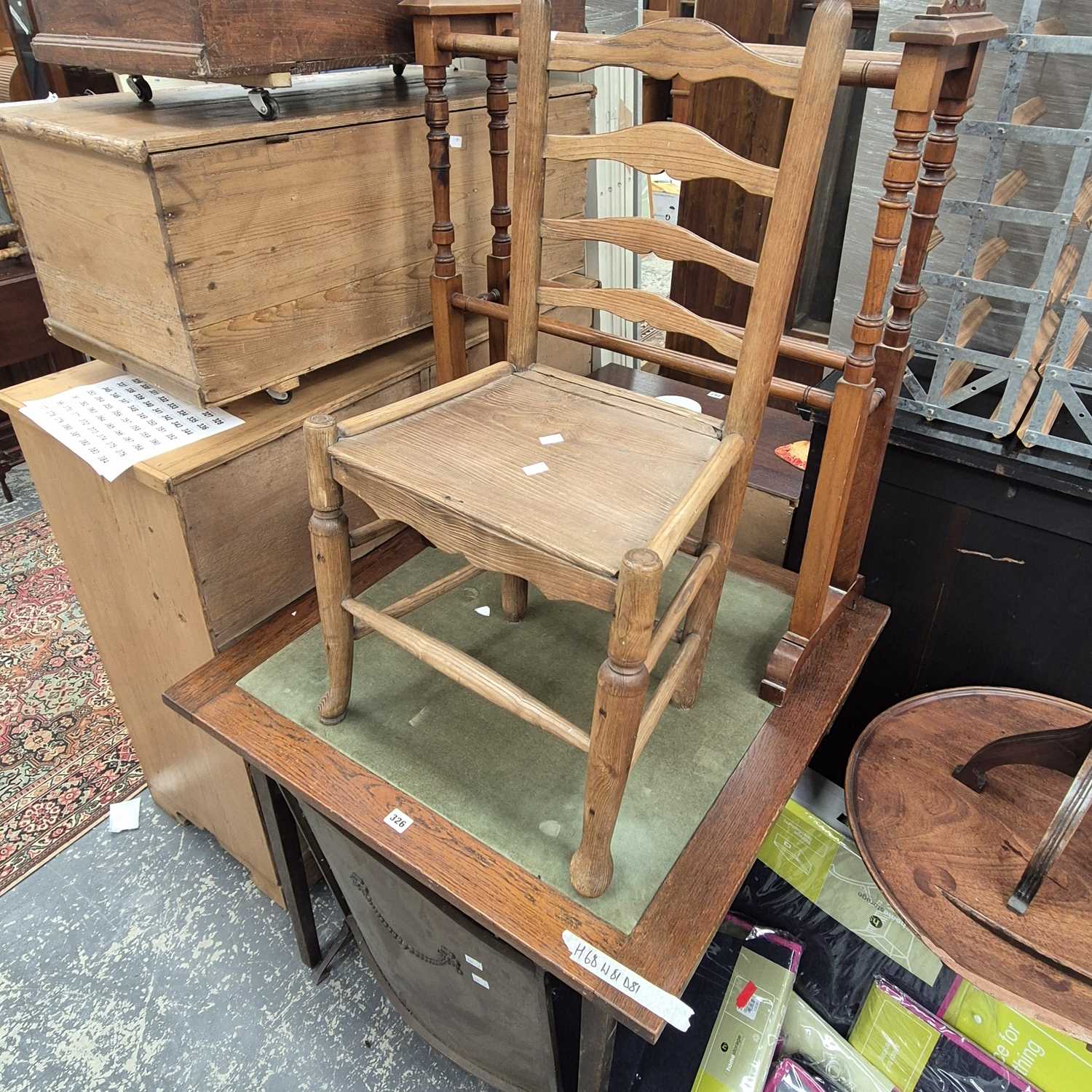 Lot 326 - A fold over card table, a rustic side chair...