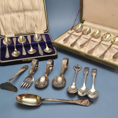 Lot 1421 - A cased silver table spoon and fork by Walker...