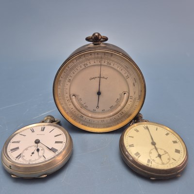 Lot 1431 - A pocket aneroid barometer, a metal cased open...