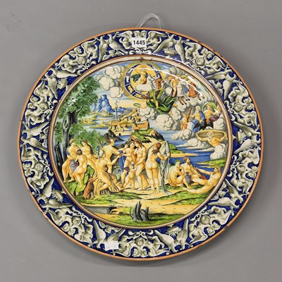 Lot 1445 - A Pesaro majolica dish painted with bathers on...