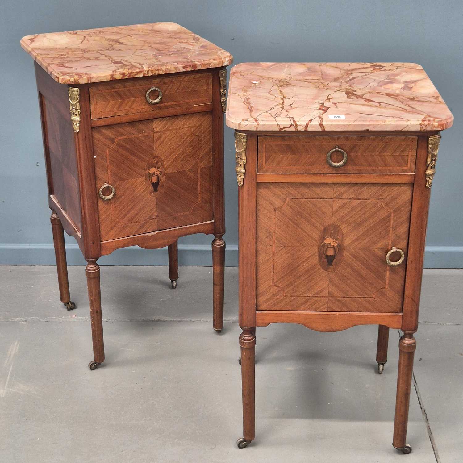 Lot 35 - Pair, Antique French inlaid Marble Top Bedside...