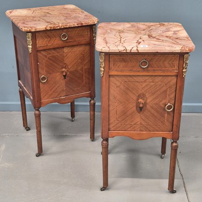 Lot 35 - Pair, Antique French inlaid Marble Top Bedside...