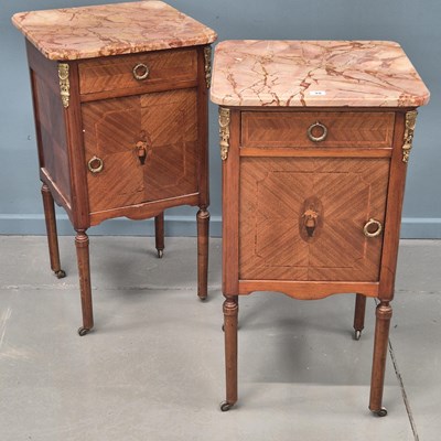 Lot 35 - Pair, Antique French inlaid Marble Top Bedside...