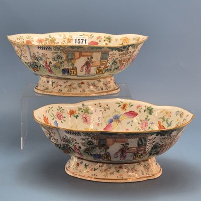 Lot 1571 - A pair of Canton shaped oval footed bowls, the...