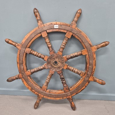 Lot 116 - Antique ship helms wheel, carved hardwood with...