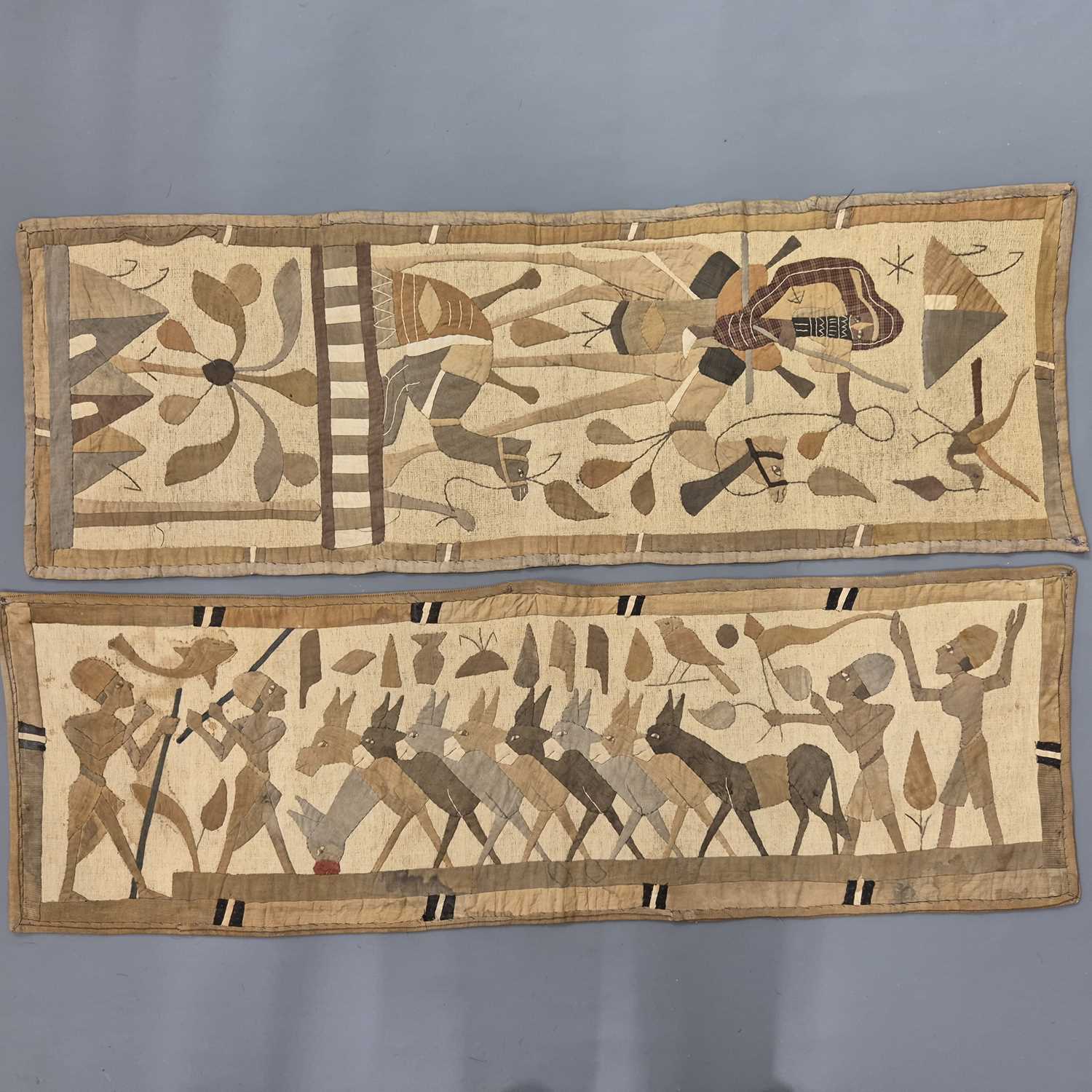 Lot 76 - Two antique Egyptian applique figural panels...