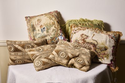 Lot 195 - Two antique Aubusson tapestry cushions.  A boy...