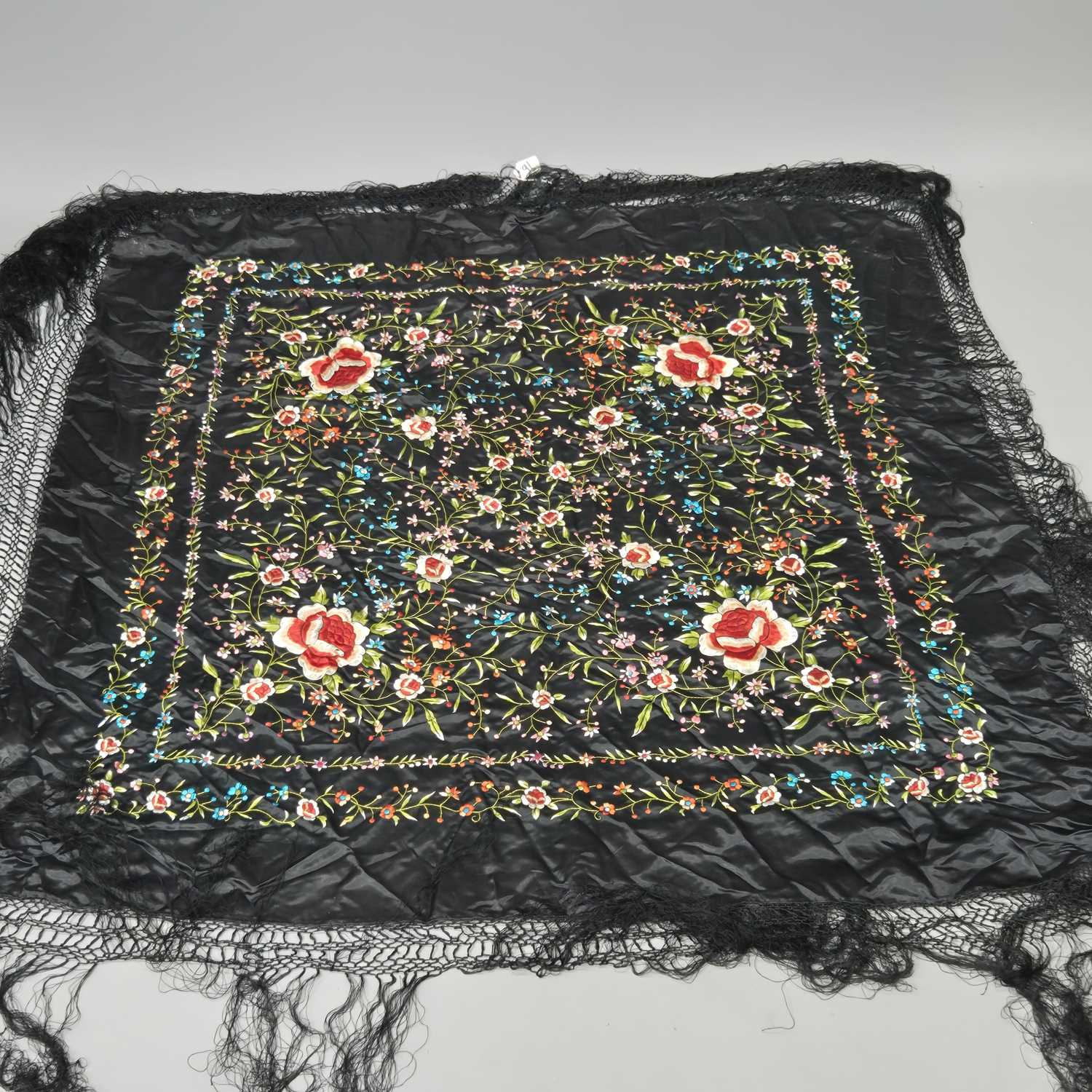 Lot 91 - Vintage Chinese embroidered black shawl with...