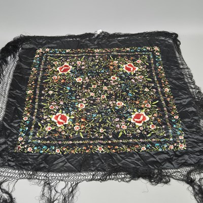 Lot 91 - Vintage Chinese embroidered black shawl with...