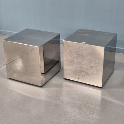 Lot 1626 - A pair of retro polished metal cuboidal stands...