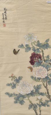 Lot 835 - A fine oriental silk scroll panel, painted...