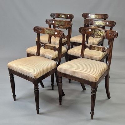 Lot 1683 - A set of six Regency brass inlaid mahogany...