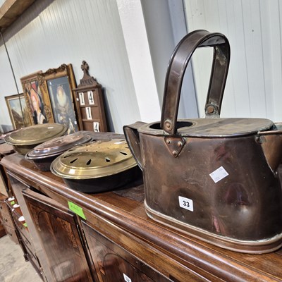Lot 33 - Three copper and brass warming pans and a...