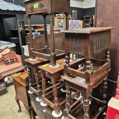 Lot 102 - Three oak joint stools, a box stool with a...