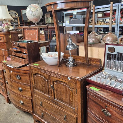 Lot 157 - An oak side cabinet and a demi-lune side table.