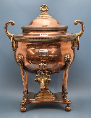 Lot 1705 - A two handled copper samovar with a silver...
