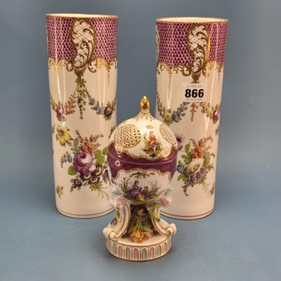 Lot 866 - A pair of Crown Dresden cylindrical vases...