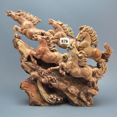 Lot 876 - A Chinese soapstone carving of five horses...