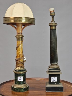 Lot 63 - A small pair of antique brass column lamps,...