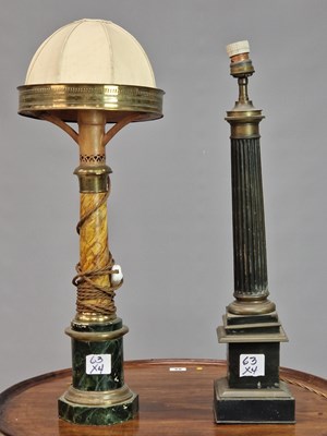 Lot 63 - A small pair of antique brass column lamps,...