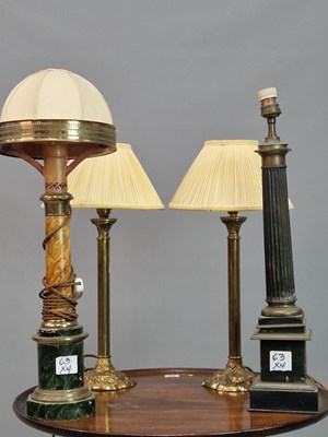 Lot 63 - A small pair of antique brass column lamps,...