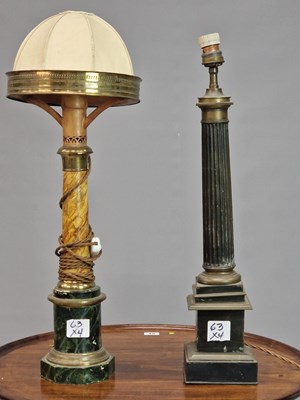 Lot 63 - A small pair of antique brass column lamps,...