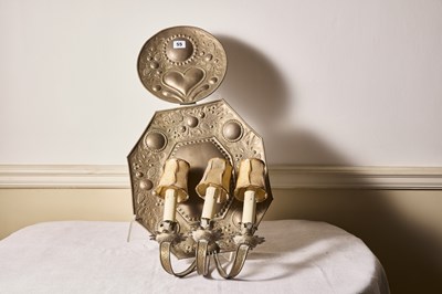 Lot 55 - An antique brass repousse Dutch-style three...